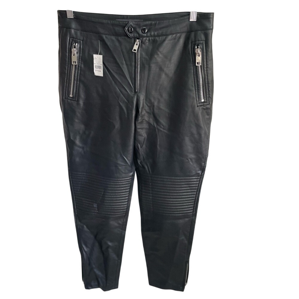 MNG Mango Womens Black Faux Leather Moto Pants Quilted Knee Zipper Large NWT